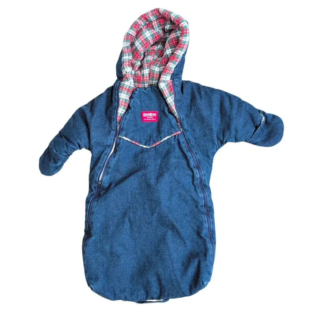 Vintage OshKosh B'Gosh Denim‎ Hooded Bunting Baby Snowsuit Plaid Lined Blue 6-9M